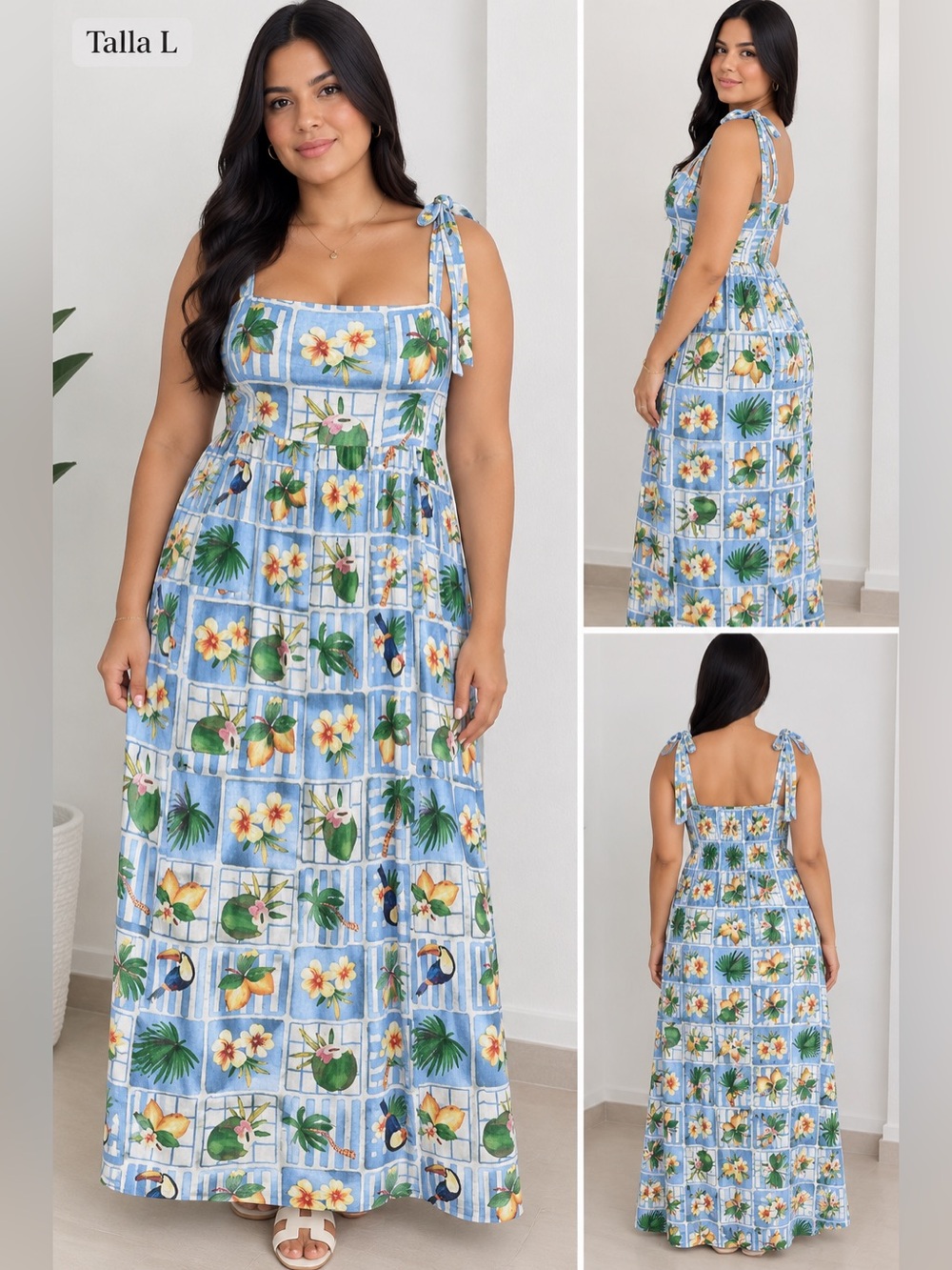 Blue Tropical Floral Maxi Dress with Tie Straps - Women